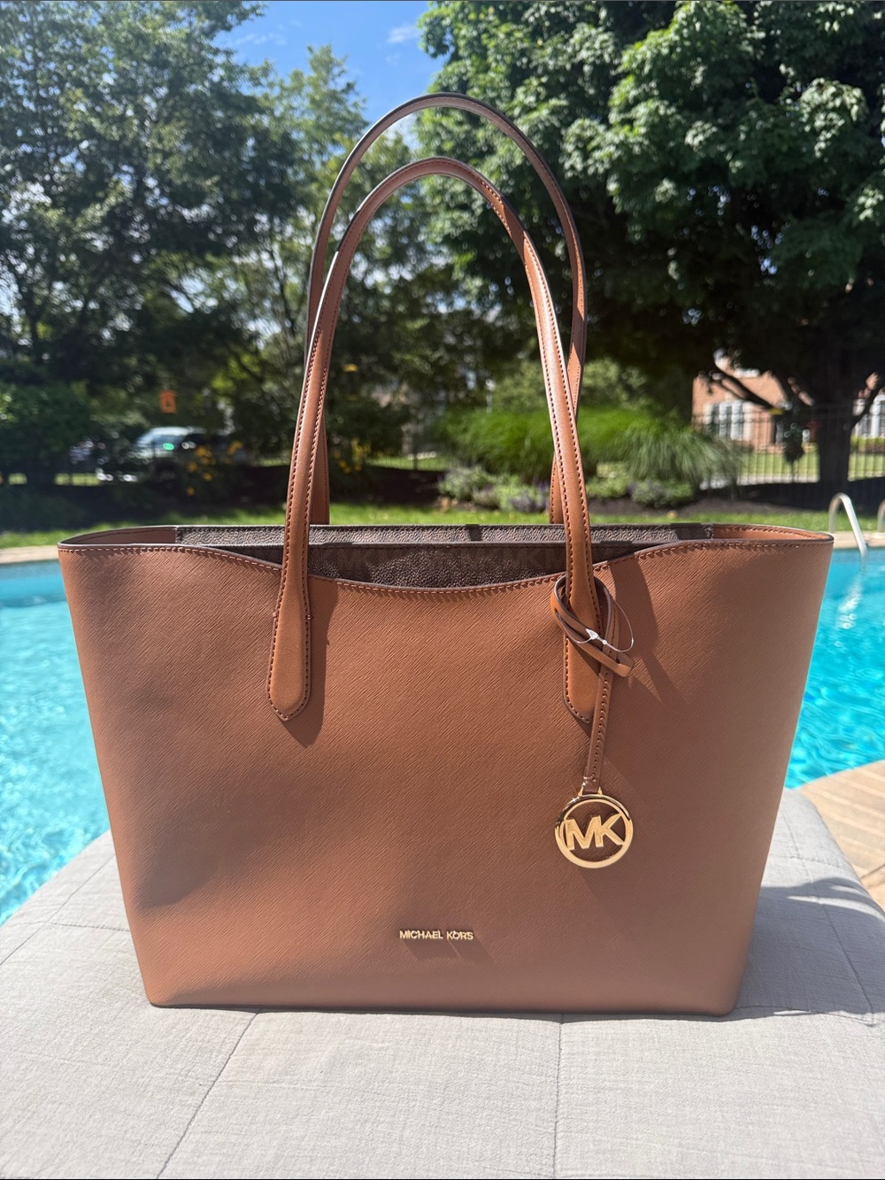 Michael Kors Tan Leather Tote with Gold MK Charm